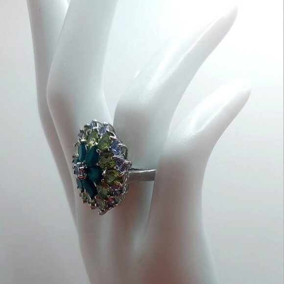 Natural Aventurine 6x4mm, Peridot, Tanzanite 925 Sterling Silver Ring Size 6.75 - Picture 5 of 11